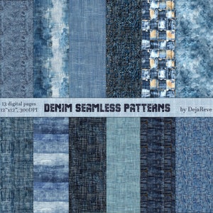 May include: 13 digital seamless denim patterns in various shades of blue, including light blue, dark blue, and indigo. The patterns feature different textures, such as woven, distressed, and striped. The text "DENIM SEAMLESS PATTERNS" is displayed in white on a gray banner.