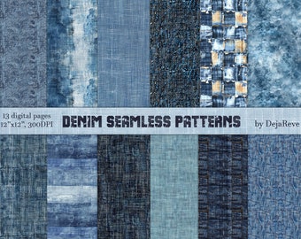 Denim Seamless Paper Pack, 13 Digital Printable Scrapbooking Patterns, Jeans Digital Collage, Fabric