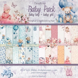 Paquete para bebés, páginas de álbum de recortes de acuarela para bebés, niño y niña, fondo imprimible digital para niños, baby shower