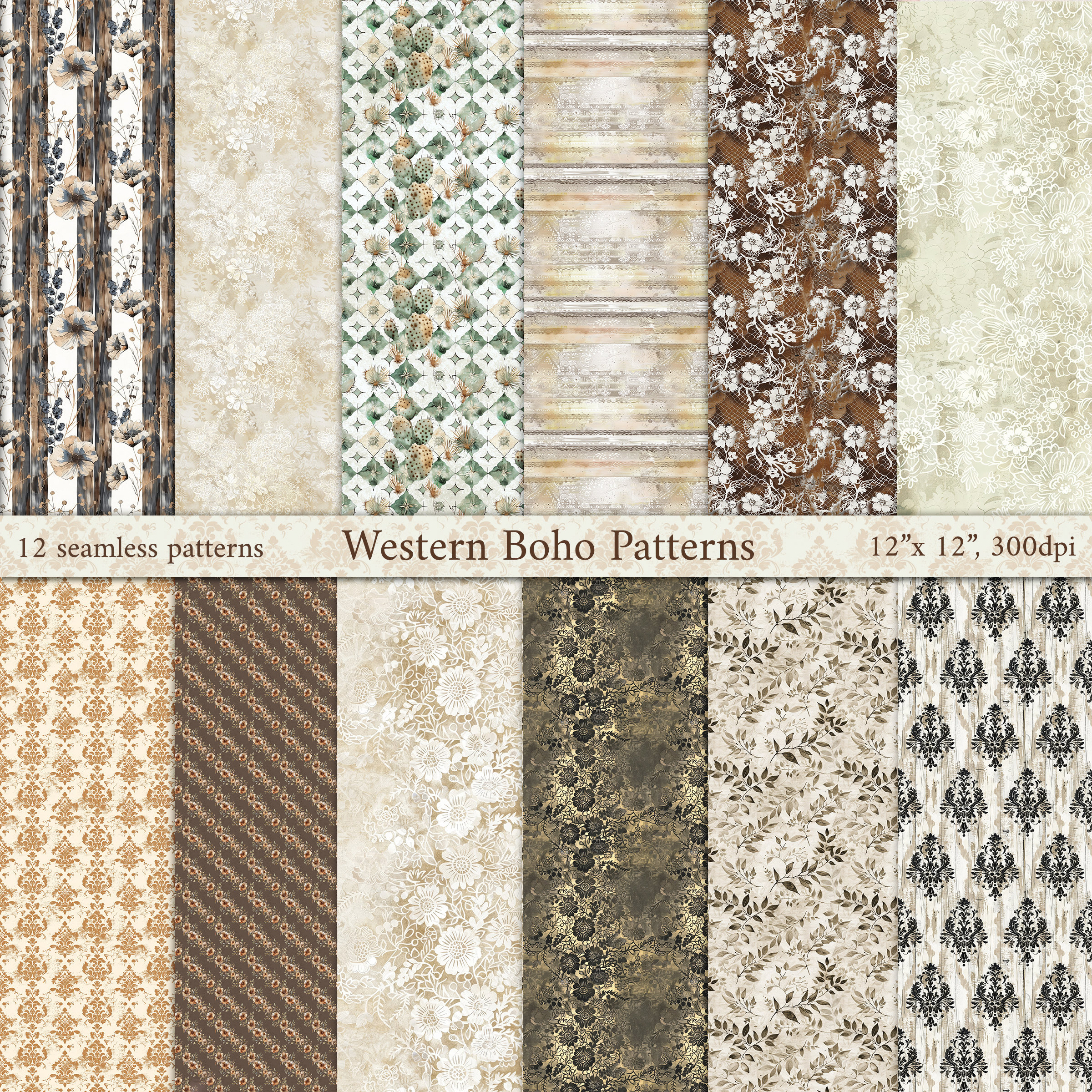 Retro Western Pattern Western Boho Seamless Patterns: Vintage Cowboy Scrapbook Kit (digital ...