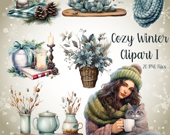Pode incluir: Um conjunto de clipart digital com ilustrações aconchegantes de inverno. O conjunto inclui uma mulher com um chapéu e uma echarpe verdes segurando um gato e uma xícara de café, uma cesta de flores azuis, um castiçal com velas, um livro com uma capa listrada vermelha e branca, um bule, dois vasos com galhos, uma echarpe de tricô e uma bandeja de madeira com flores azuis. O texto "Cozy Winter Clipart I 20 PNG Files" também está incluído na imagem.