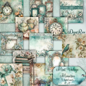 Mint Vintage Floral Scrapbook-Papier: Junk Journal Hintergründe zum Ausdrucken (Digitale Papiere)