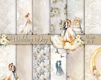 May include: A set of 12 digital papers featuring a wedding theme. The papers include floral patterns, watercolor illustrations of couples, and a cake. The papers are 8x8 inches and are perfect for scrapbooking, card making, and other crafting projects.