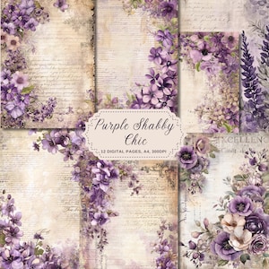 Purple Shabby Chic, Junk Journal Paper Pack, Basic Papers, Printable Shabby Pages, Purple Paper Vintage, Floral Collage Sheet