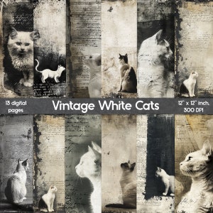 May include: A digital paper pack featuring 13 vintage-style pages with images of white cats. The pages are 12 inches by 12 inches and 300 DPI.