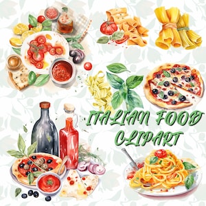 Italiaans eten clipart, scrapbook clipart, aquarel illustratie van heerlijk eten, pasta, pizza, olijven