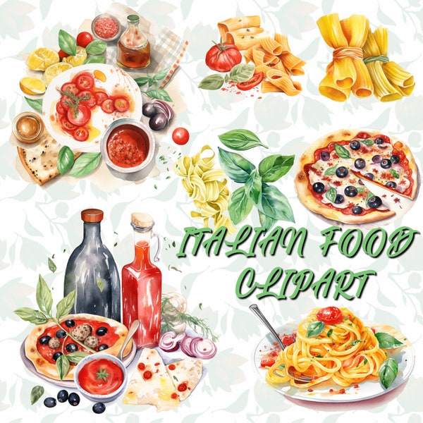 Italian Food Clipart, Scrapbook clipart, Watercolour Illustration of Delicious Food, Pasta, Pizza, Olives