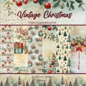 Vintage Christmas, Watercolour Scrapbook Pages, Digital Holiday Printable Background, Christmas Cards