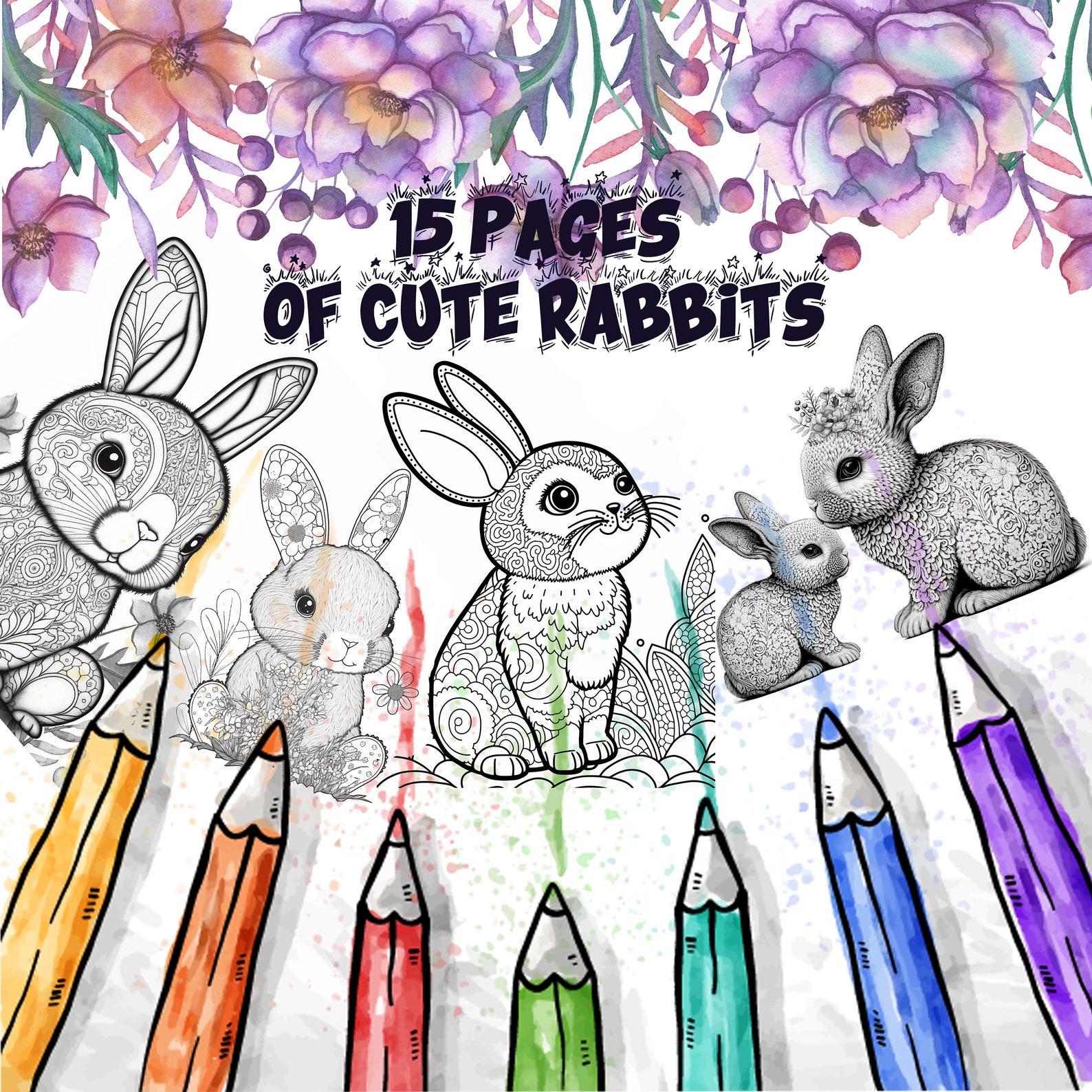 Rabbits Coloring Pages, 15 Designs for Kids and Adults (PDF) - Etsy UK