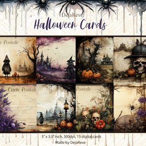Halloween-schrijfkaarten voor dagboek, dagboekinvoegsel, ephemera schrijven, afdrukbare ansichtkaarten