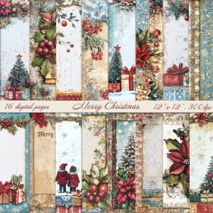 Merry Christmas, Watercolor Scrapbook Pages, Digital Holiday Printable Background, Digital Vintage Junk Journal Papers