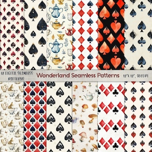 Naadloze Wonderland-patronen, digitale pagina's, afdrukbare papieren Alice in Wonderland, speelkaarten