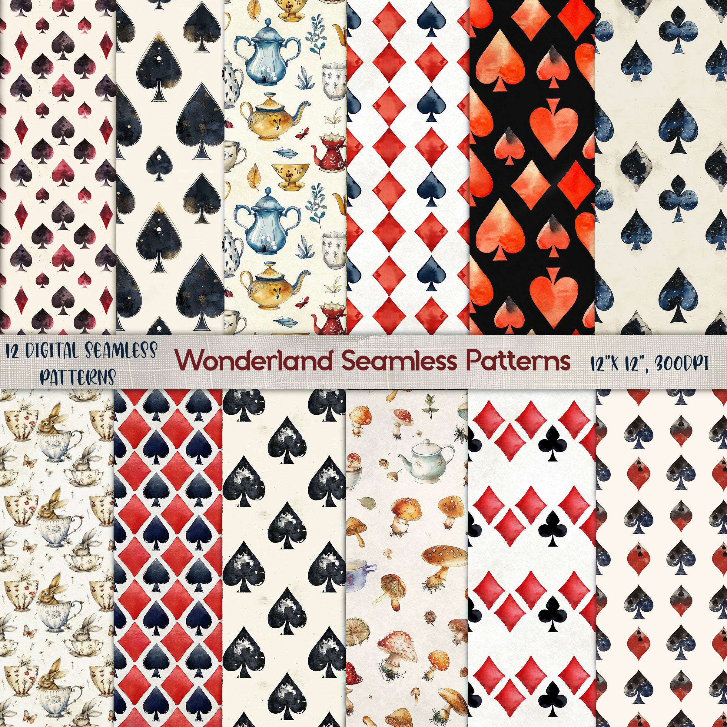 Wonderland Seamless Patterns, Digital Pages, Alice in Wonderland Printable Papers, Playing Cards