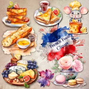 以下が含まれることがあります： フランス料理のアイテムを描いた水彩クリップアート。バゲット、チーズ、クレープ、マカロン、フレンチトーストのプレートなど。クリップアートには、シェフの帽子をかぶったネズミの水彩画と、フランス国旗の水彩背景も含まれています。