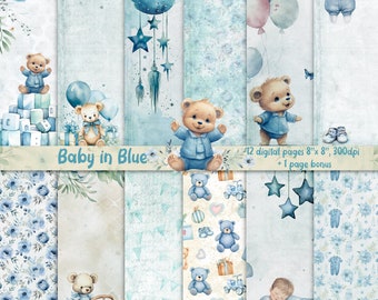 Baby Boy Watercolor Scrapbook Pages: Blue Teddy Bears (Digital Download)