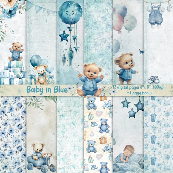 Bébé en bleu, pages de scrapbooking aquarelle bébé garçon, arrière-plan numérique à imprimer pour les enfants, baby shower