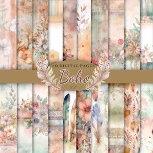 Boho Vintage Aquarell Digitale Seiten, Pastell Erd Nuancen