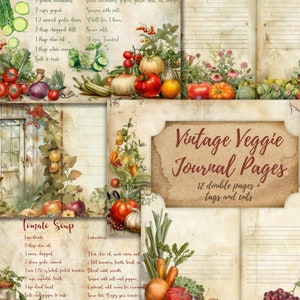 Vintage Veggie Junk Seiten, Double Junk Journal Digitale Papiere, Lebensmittel Printable Scrapbook Sheets, Suppenrezepte