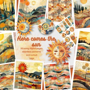 Hier komt de zon, Junk Journal Digital Kit, Sunny Landscape Printable Journal, Sun Vintage illustraties, Scrapbookpapier