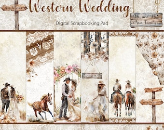 May include: Digital scrapbooking paper pack with a western wedding theme. The papers feature a variety of designs, including a couple in cowboy hats, a horse, a floral arch, and a sign that says "Bride to be".
