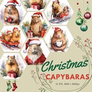 Kerstcapibara's, digitale kit voor junkjournal, capibara-printables, aquarelillustraties, plakboekpapier