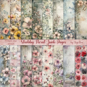 Shabby Floral Junk Pages, Shabby Chic Collage Sheet, Textured Digital Paper, Faded Flowers Background, Aged Printable