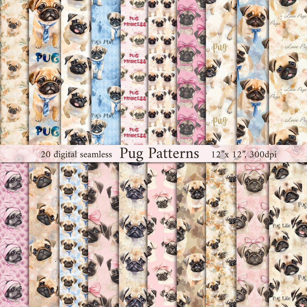 Pug Seamless Patterns: Puppy Digital Paper (12x12, 300 DPI) - Etsy