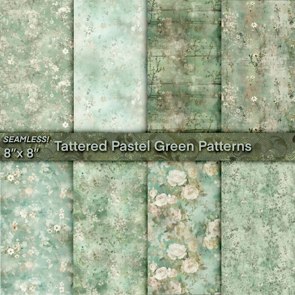 Tattered Pastel Green Textures, Vintage Scrapbook Pages, Grunge Sheets, SEAMLESS Patterns, Printable Background, Junk Journal Kit
