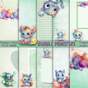 Bubble Monsters, Aquarell Scrapbook Seiten, digitale Papiere für Kinder, lustiger Hintergrund zum Ausdrucken