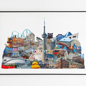 Toronto, estampes de la ville de Toronto, art de la ligne d'horizon de Toronto, décoration de Toronto, quartiers de Toronto, carte de Toronto, art de Toronto, ratons-laveurs, tour CN