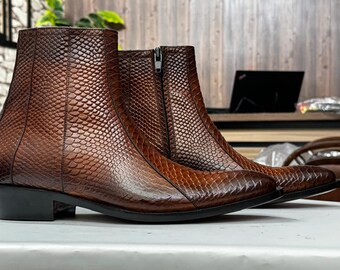 Handmade Python Textured Rust Color Genuine Cow-Hide Leather Zipper Boots For Men, Ankle High Dress Boots For Mens