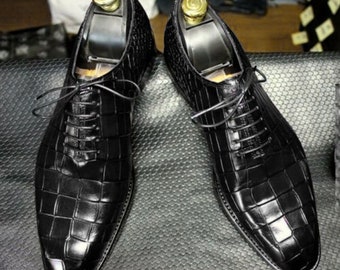 Handmade Men's Alligator Dress Leather Whole Cut Lace Up Dress Shoes, Alligator Texture Shoes Mens