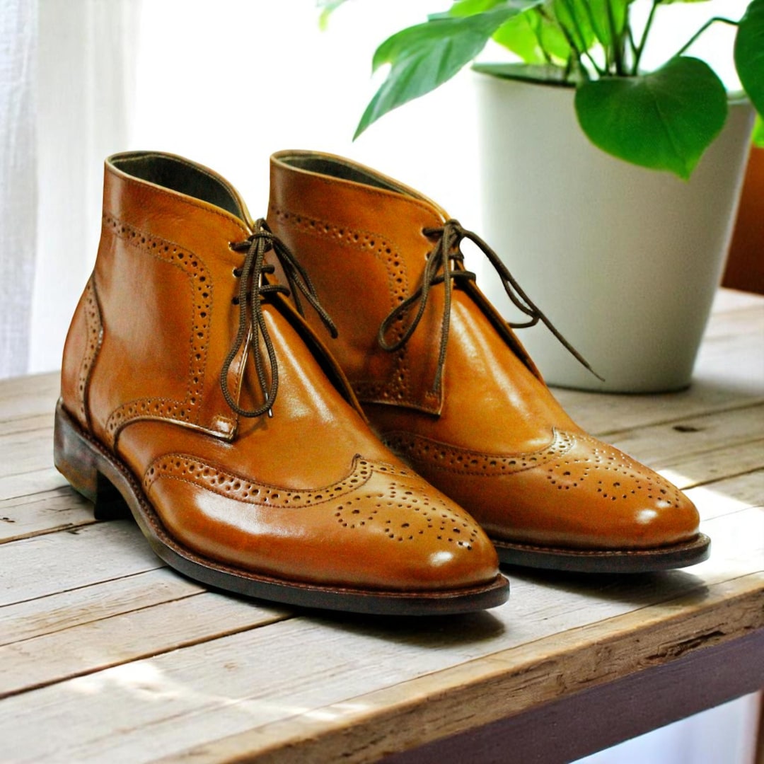 Han Stitched Tan Wingtip Ankle Boots for Men | Elegant & Stylish ...