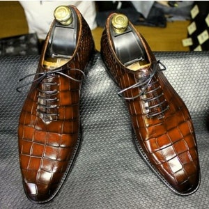 Men's Alligator Dress Shoies Leather Whole Cut Lace up Dress Shoes ...