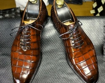 Men's Alligator Dress Shoies Leather Whole Cut Lace Up Dress Shoes, Alligator Texture Shoes Menss