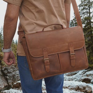 Personalized Leather Messenger Bag for Men - 16" Full Grain Laptop Briefcase, Crossbody Satchel Monogram, Mens Anniversary & Christmas Gift