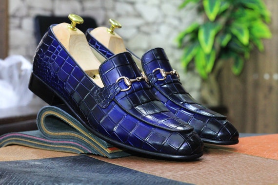 Handmade Men Blue Crocodile Textured Leather Moccasin Dress Shoes for Men,  Men Blue Formal Dress Shoes