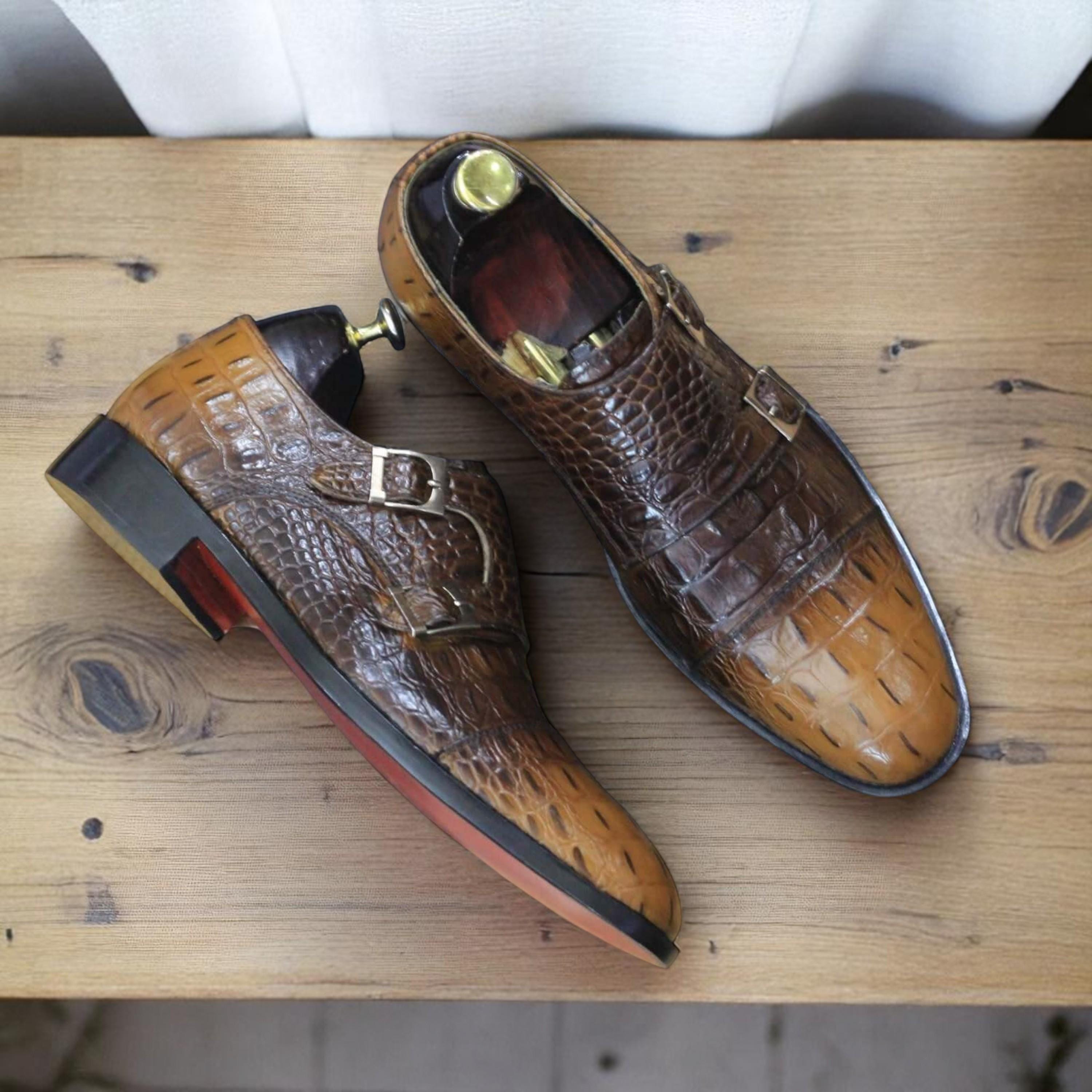 Handmade Crocodile Textured Shoes, Full Grain Leather Double Monk
