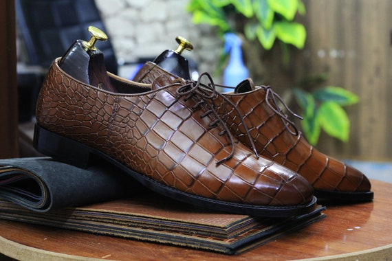 Men's Handmade Alligator Texture Leather Dress Shoes