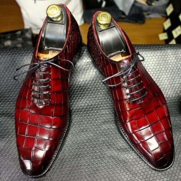 Handmade Men's Alligator Dress Shoies Leather Whole Cut Lace Up Dress Shoes, Alligator Texture Shoes Mens