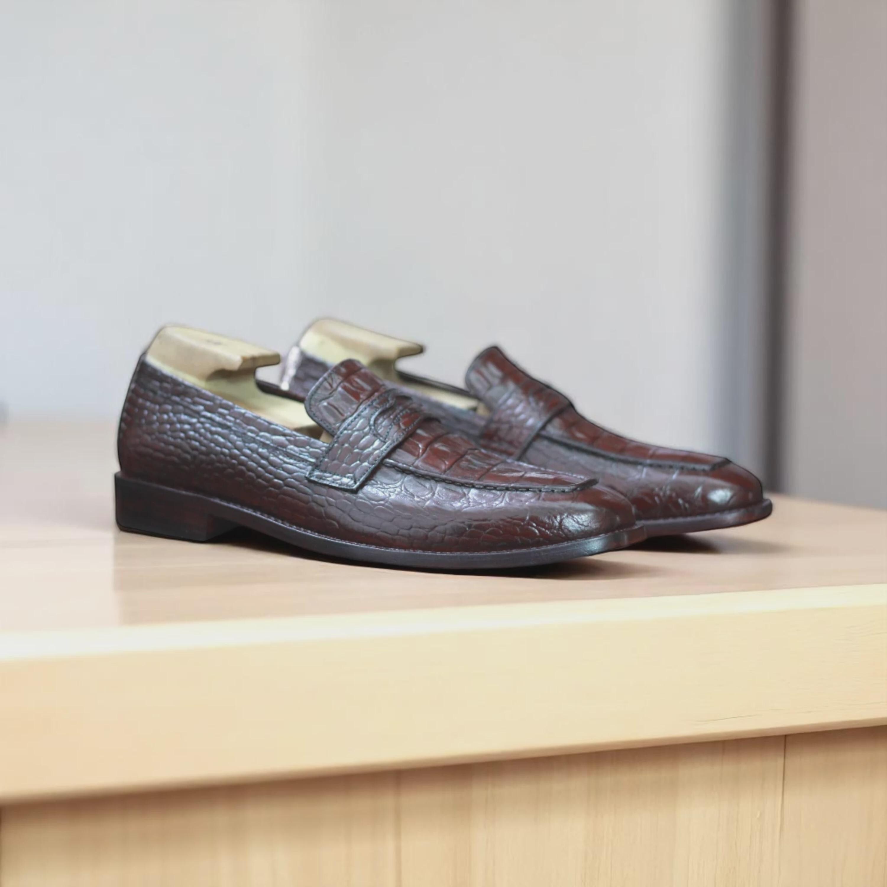 Handgemaakte bruine penny-loafers voor heren | Leren schoenen met alligatortextuur | Formele instappers | Bruidsjonkers, huwelijks- en kerstcadeau