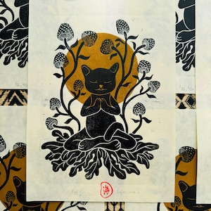A Wish to the Cat linocut hand print