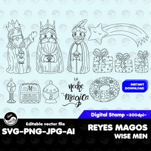 Archivo SVG para Cricut y Silhouette Cameo. Sello digital Reyes Magos, Roscón, Estrella, Regalos, Oro, Mirra e incienso. Png, jpg, ai