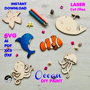Archivo Digital Animales del mar de madera, DIY Paint Kit SVG, para corte láser Ballena, Delfín, Medusa, Estrella de Mar, Pulpo, Pez Payaso