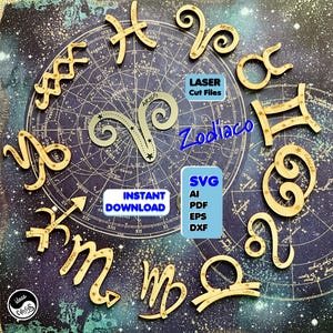 Arquivo digital 12 Signos do Zodíaco em espanhol. SVG para corte a laser em acrílico ou madeira de Áries, Touro, Gêmeos, Câncer, Leão, Virgem...