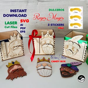 Achivo digital Dulceros Reyes Magos SVG para corte láser. Incluye los 3 Reyes Magos, dulcero y pegatinas de la estrella Navideña Png.