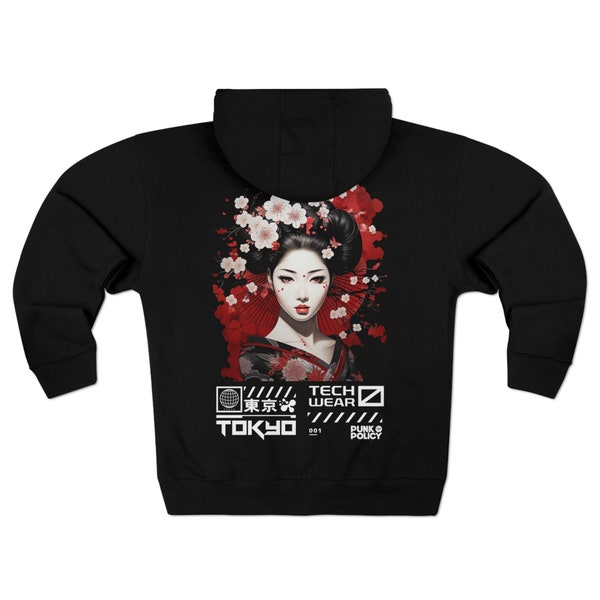 Unique Harajuku emblématique Geisha graphique Tokyo Tech wear, imprimé au dos Unisex Premium Full Zip Hoodie, Japon, sweat à capuche de style asiatique, gothique harajuku