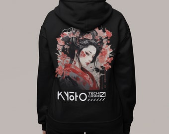 Trending Harajuku style Geisha graphic back printed Men's NUBLEND® Hooded Sweatshirt, Geisha gifts, urban techwear, kyoto hoodie, japan