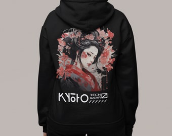 Trending Harajuku style Geisha graphic back printed Men's NUBLEND® Hooded Sweatshirt, Geisha gifts, urban techwear, kyoto hoodie, japan,