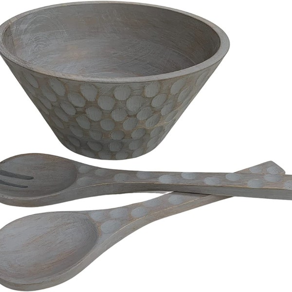 Mango Wooden Salad Bowl Set - Large Salad Bowls with set of Two Mango Wood Utensils for House Warming, Anniversaries and Birthdays